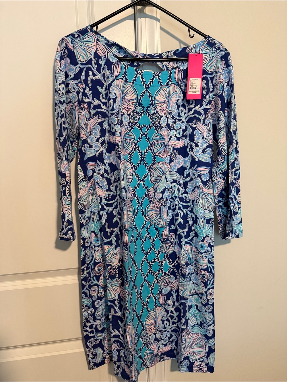 Lilly Pulitzer Navy & Aqua Floral Shell-Print Long Sleeve Dress